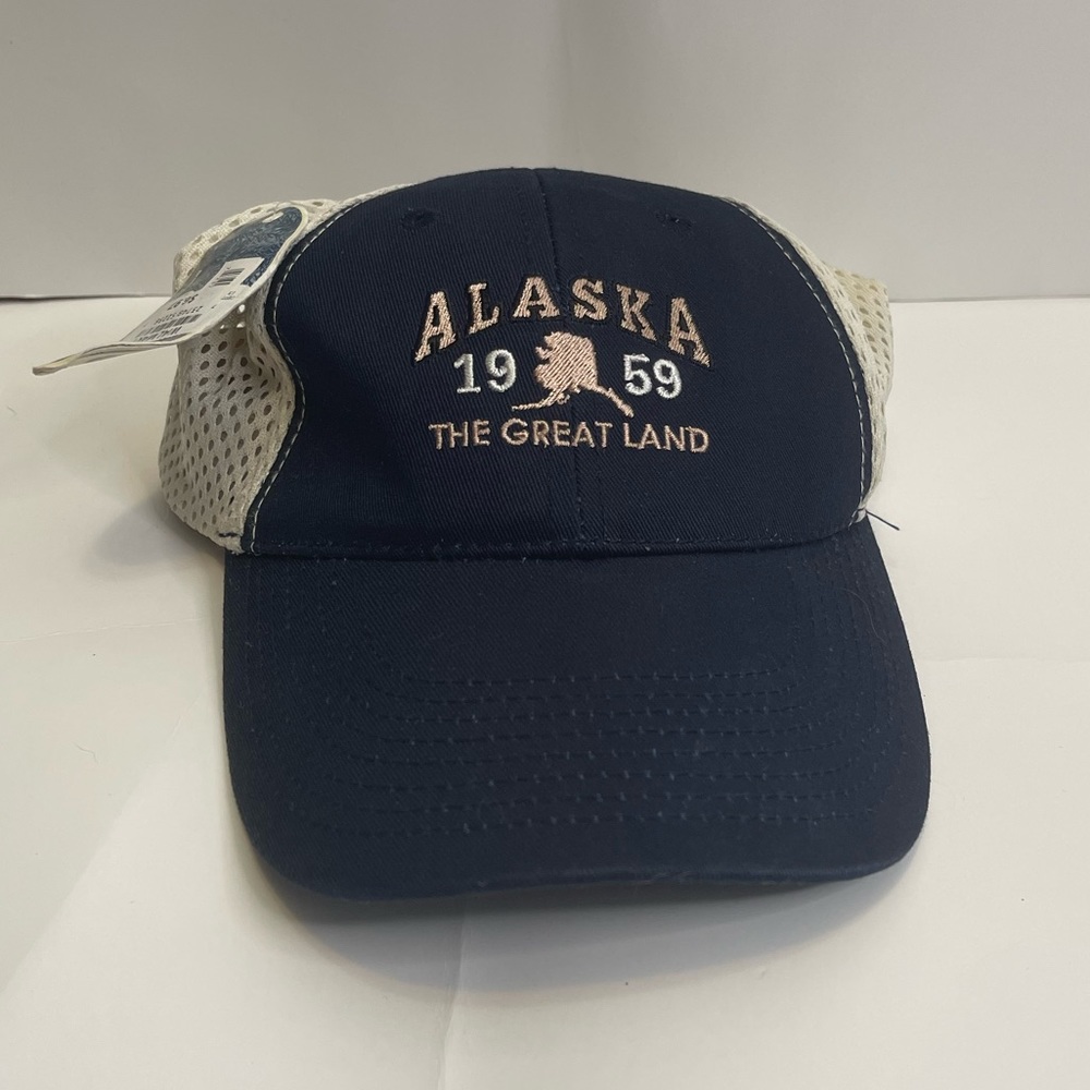 SNAPBACK ALASKA THE GREAT LAND MESH HAT EST 1959 BLUE TAN BY ARCTIC CIRCLE NEW